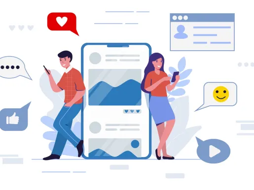 Illustration of young people messaging using a smart phone or tablet social media network concept