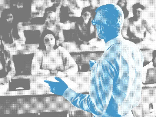 Black and white photo of students in a college lecture hall looking at a professor who is shaded blue.