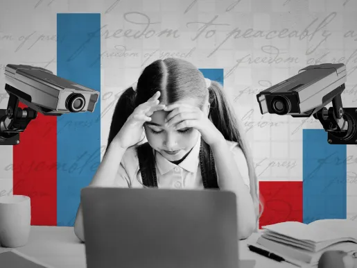 Illustrated collage showing a young girl looking at a laptop with her hands on her head, indicating stress, with surveillance cameras looking over each shoulder.