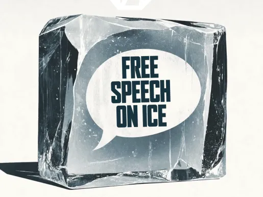 Illustration of a block of ice with the words "Free speech on ice" written in a speech bubble on the side.