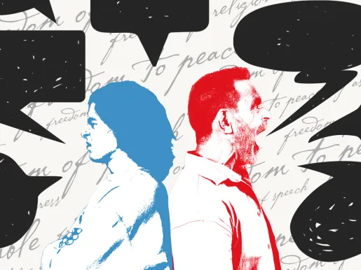 Illustrated collage showing a blue-tinted woman and red-tinted man yelling black speech bubbles