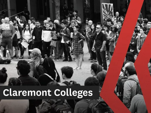 Black and white photo showing students and faculty protesting on a college lawn.