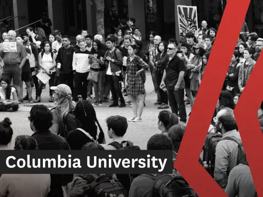 Black and white photo showing students and faculty protesting on a college lawn.