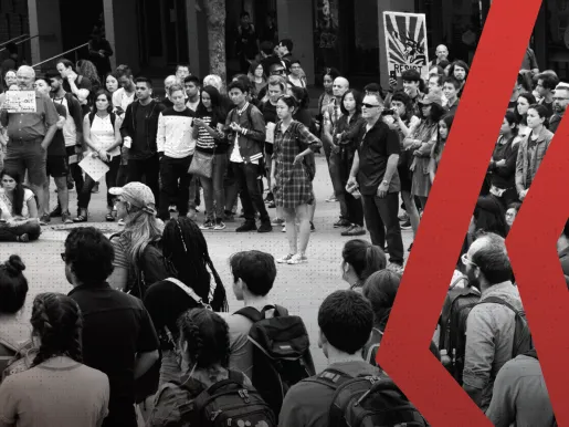 Photo collage showing college students in black and white engaged in protest with red stripes on the right side