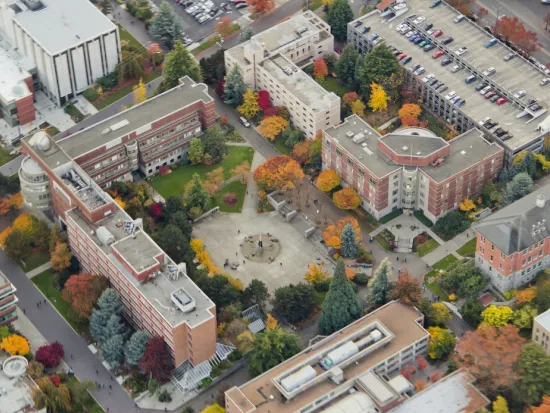 Aerial view of college campus buildings 