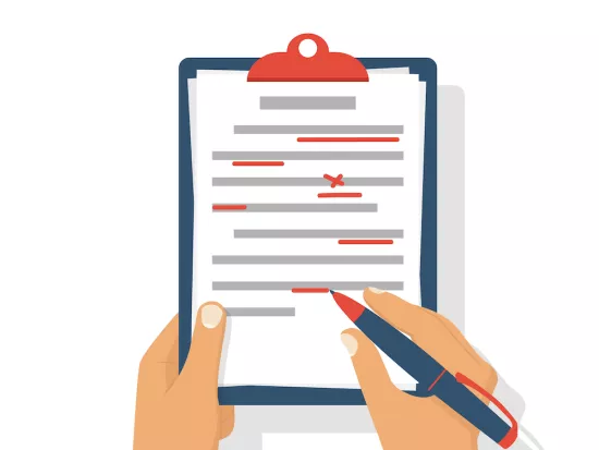 Proofreader checks transcription written text on clipboard with red pen