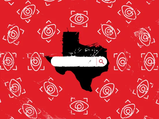 Black outline image of the state of Texas in the background with an internet search engine bar over it.