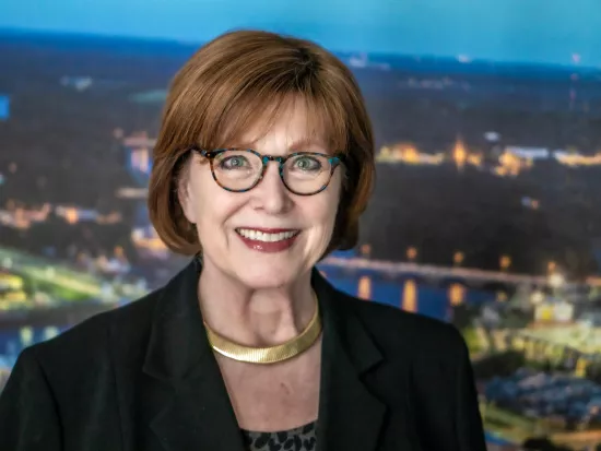 Iowa pollster J. Ann Selzer with Des Moines in background 