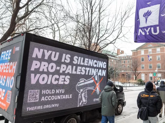 Billboard truck with a FIRE ad that reads: "NYU silencing pro-Palestinian voices"