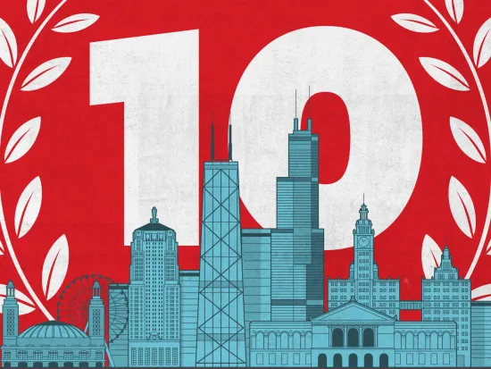 Illustration of Chicago skyline flanked by laurels and the number 10, indicating the 10th anniversary of the Chicago Statement.