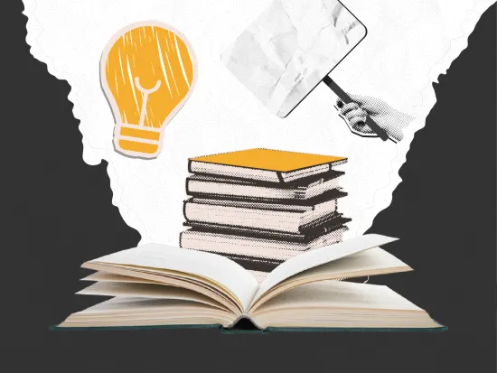 Clip art collage of books, a lightbulb, and a protest sign, indicating freedom of speech