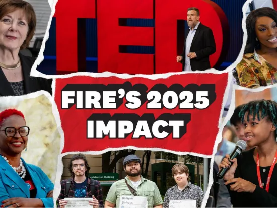 Photo collage featuring FIRE clients Ann Selzer, Monica Meeks, and Kim Diei — and FIRE President & CEO Greg Lukianoff at a TED Talk — around the words: "FIRE'S 2025 IMPACT"