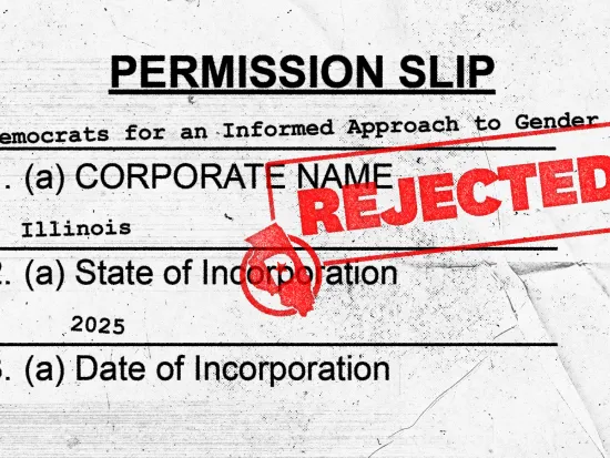 Illustration of a paper "permission slip" for incorporation and the word "REJECTED" in red letters stamped over it.