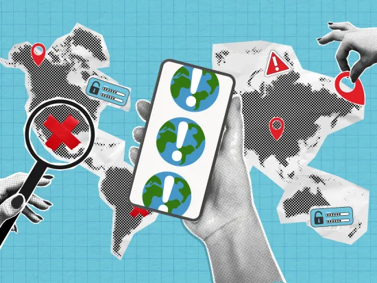 Graphic collage showing the continents with Xs and warning signs over them, and a person holding a phone with large exclamation points on the screen, indicating global censorship on the internet and social media.