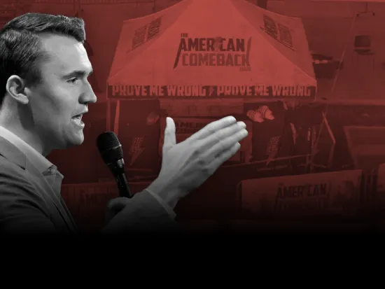 YouTube thumbnail graphic showing Charlie Kirk in black and white against a red background showing the text where he was assassinated.