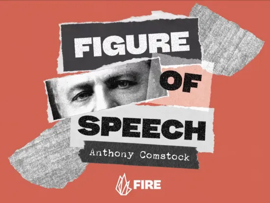 Collage showing the eyes of Anthony Comstock next to the words "Figures of Speech"