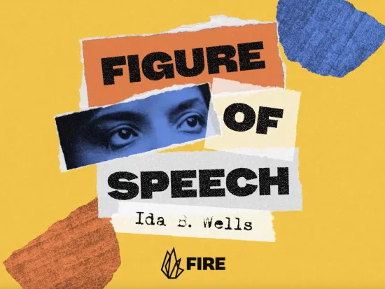 Collage showing the eyes of Ida B. Wells next to the words "Figures of Speech"