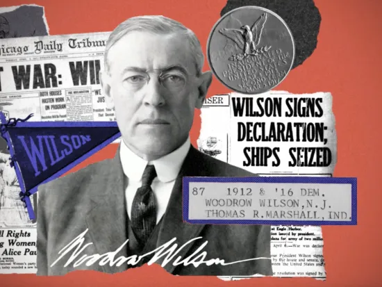 Collage showing Woodrow Wilson in front of newspaper headlines about censorship under his administration.