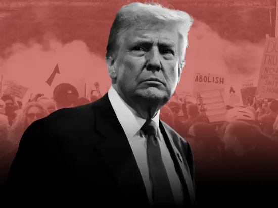 Photo collage showing a black and white image of Donald Trump in the foreground and a red-tinted image of protesters in the background.