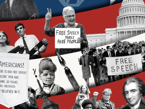 Collage showing Ida B. Wells, Thomas Paine, and other figures who promoted freedom of speech over American history
