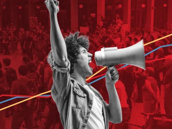 Photo collage showing a protester in black and white speaking into a megaphone with a red-tinted background showing more protesters