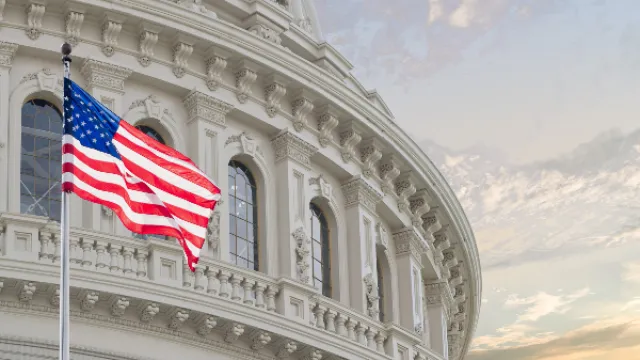 Flag in foreground of U.S. Capitol