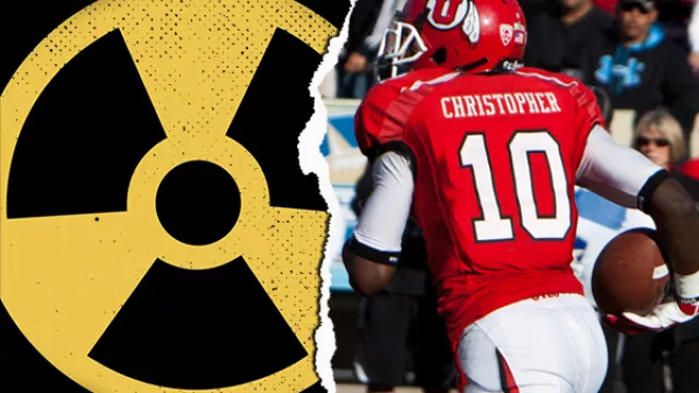 University of Utah football player next to a nuclear warning symbol