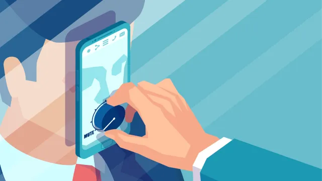 graphic of hand turning down "mute" button on phone