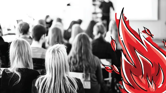 Black and white image of students in a classroom with a flame illustration