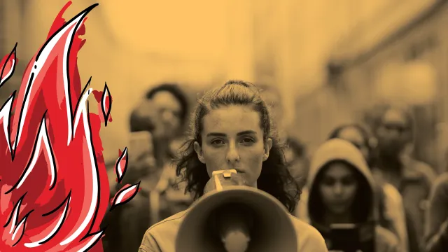 Woman speaking through a megaphone