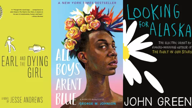 Covers of the banned books “All Boys Aren’t Blue,” “Me, Earl, and the Dying Girl,” and “Looking for Alaska,” 