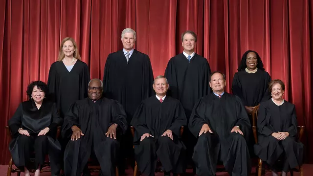 The Supreme Court as composed June 30, 2022 to present. Front row, left to right: Associate Justice Sonia Sotomayor, Associate Justice Clarence Thomas, Chief Justice John G. Roberts, Jr., Associate Justice Samuel A. Alito, Jr., and Associate Justice Elena Kagan. Back row, left to right: Associate Justice Amy Coney Barrett, Associate Justice Neil M. Gorsuch, Associate Justice Brett M. Kavanaugh, and Associate Justice Ketanji Brown Jackson.