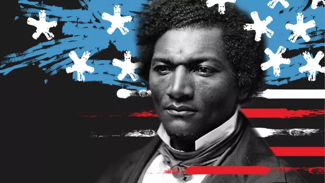 Frederick Douglass photo overlaid with stars and stripes like the American flag.