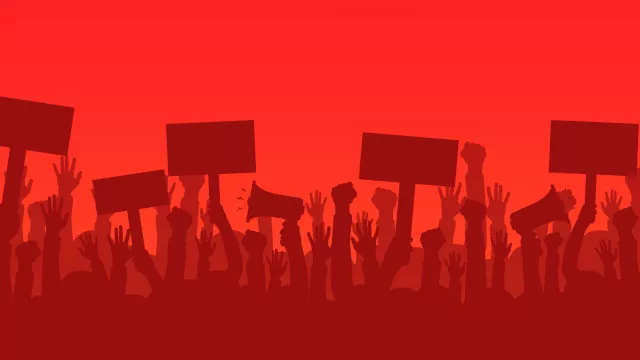 Crowd of protesters people. Silhouettes of people with banners and megaphones. Concept of revolution or protest. 