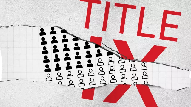 The words "Title IX" on a ripped sheet of paper