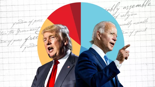 Donald Trump and President Joe Biden in front of a blue and red pie chart