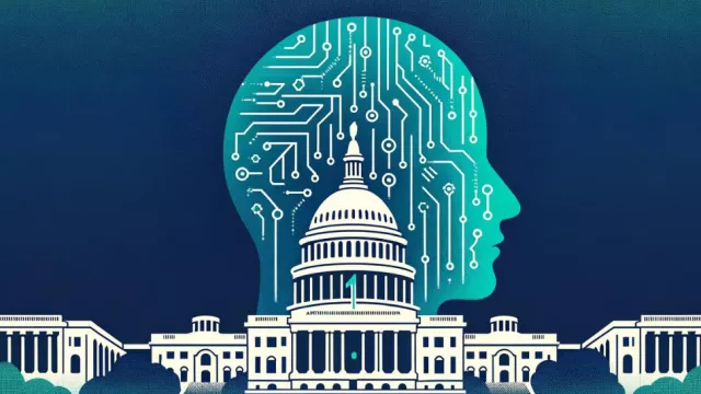 Illustration of the US Capitol building with the profile of a human head behind it with microchip circuits