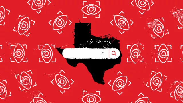 Black outline image of the state of Texas in the background with an internet search engine bar over it.