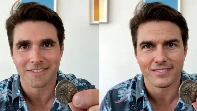 Want to see a magic trick? Tom Cruise impersonator Miles Fisher (left) and the deepfake Tom Cruise created by Chris Ume (right). 