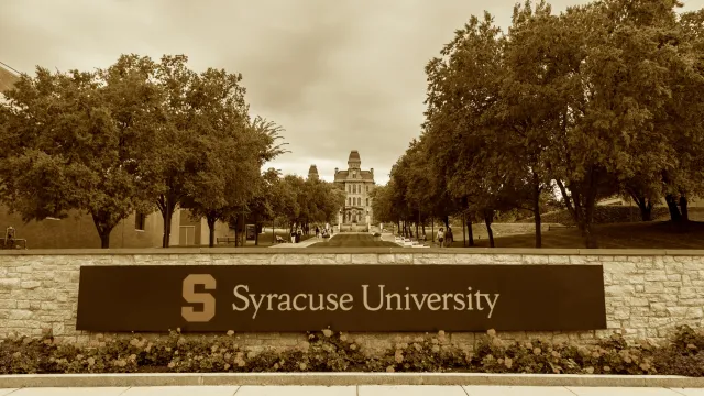 Entrance sign at Syracuse University in New York SEPIA