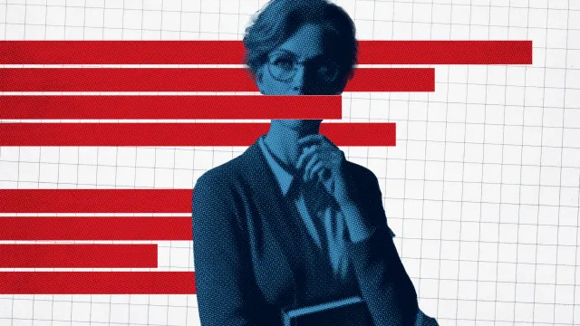 A college professor in the foreground with horizontal red bar graphs in the background, except for one which covers the mouth of the professor, indicating censorship.