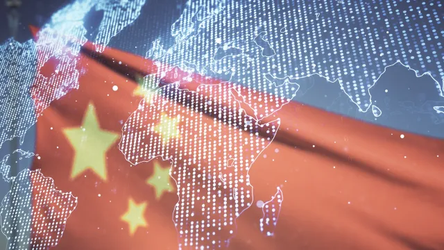 Digital graphic world map hologram on flag of China and blue sky background