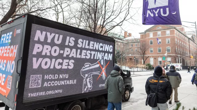 Billboard truck with a FIRE ad that reads: "NYU silencing pro-Palestinian voices"