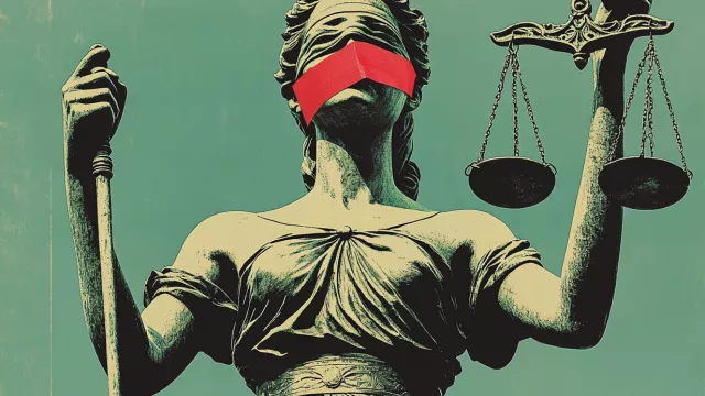 Statue of justice holding scales with red tape over her mouth