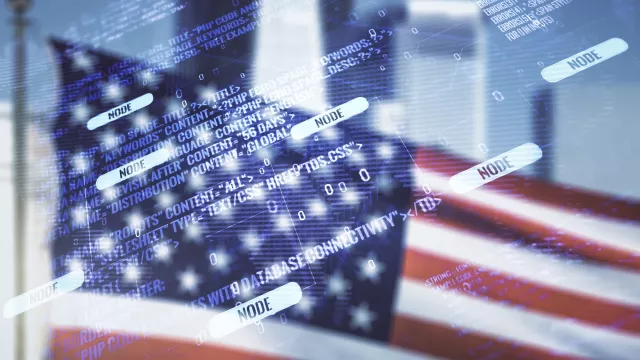 Abstract graphic coding artificial intelligence US flag and skyline background