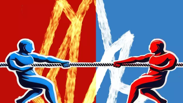 Red and blue illustrated people engaged in tug-of-war with the FIRE flame logo in the background