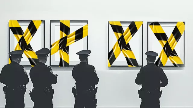 Police officers standing in front of empty picture frames covered with police tape