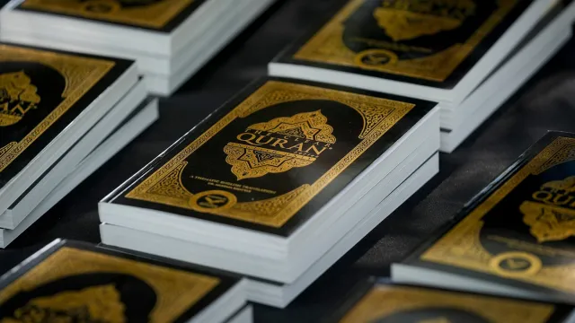 Qurans on a table at an Eid Celebration and Friday Prayer at the Texas state Capitol on Friday April 19, 2024