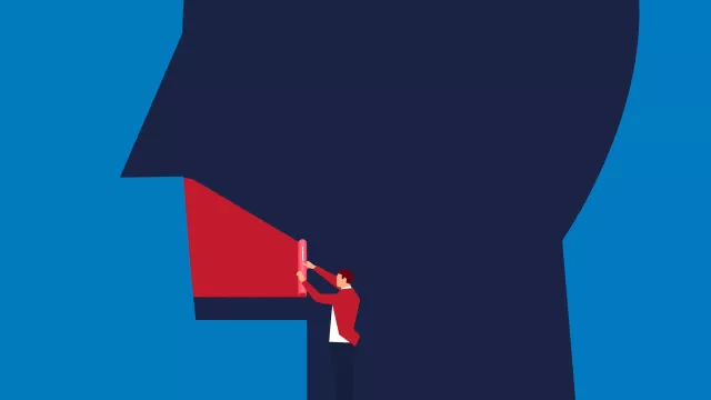 Illustration of a man using red tape to shut the mouth of a large head