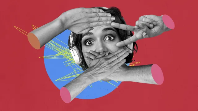 Collage young woman face head body fragment with hands covering mouth censorship